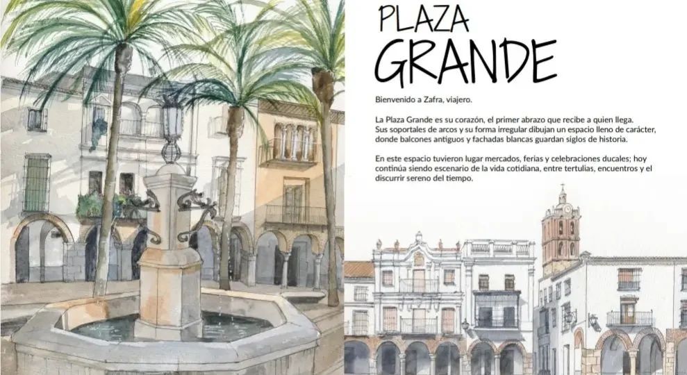 Ilustración de la Plaza Grande por Gloria Montaño.. Zafra con alma