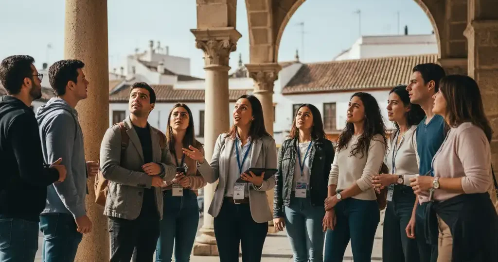 ¿Buscas un Free Tour en Zafra? Por qué elegir una Visita Guiada Oficial 4 Imagen realizado por IA de grupo de personas atendiendo un free tour