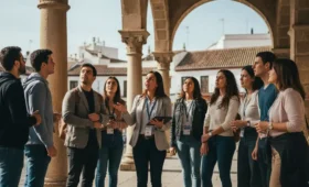 Imagen realizado por IA de grupo de personas atendiendo un free tour