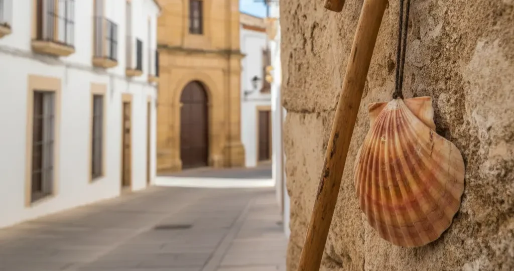 Calle típica de Zafra con casas blancas y arquitectura de piedra, mostrando un bastón de peregrino y una concha de vieira apoyados en una pared, símbolo de la Vía de la Plata. Imagen generada por IA