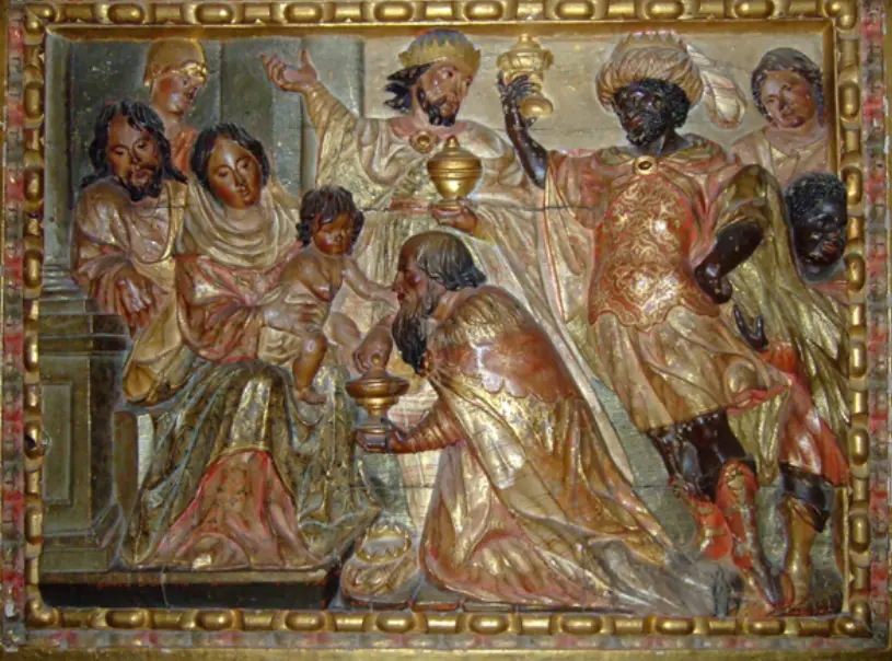 Relieve de la Adoración de los Pastores de Luisa Roldán en el Retablo Mayor de la Colegiata de Zafra.